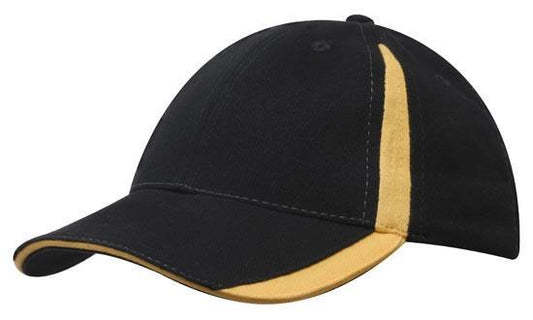 Headwear-Headwear Brushed Heavy Cotton with Inserts on the Peak & Crown-Black/Gold / Free Size-Uniform Wholesalers - 2
