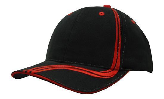 Headwear-Headwear Brushed Heavy Cotton with Waving Stripes on Crown & Peak Cap-Black/Red / Free Size-Uniform Wholesalers - 3