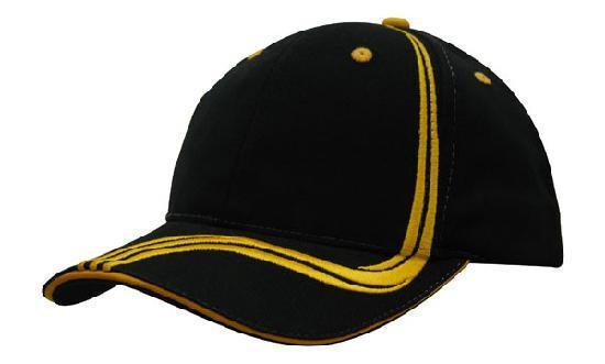 Headwear-Headwear Brushed Heavy Cotton with Waving Stripes on Crown & Peak Cap-Black/Gold / Free Size-Uniform Wholesalers - 2