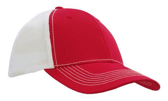 Headwear-Headwear Chino Twill with Hi Tech Mesh Back-White/Red / Free Size-Uniform Wholesalers - 5